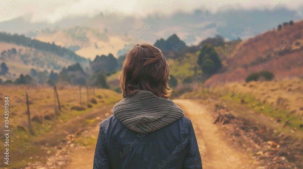 Walking along the winding dirt path a person gazes out towards the rolling hills in the distance. With back to the camera they . . Walking along the winding dirt path a person gazes out towards the rolling hills in the distance. With back to the camera they . .