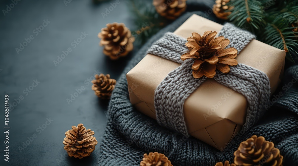 Fototapeta premium Christmas gift wrapped in craft paper, grey knitted ribbon and pine cones. Happy New Year