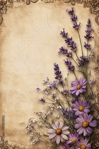 Elegant floral arrangement with lavender and daisies on vintage background for nature-inspired decor and invitations