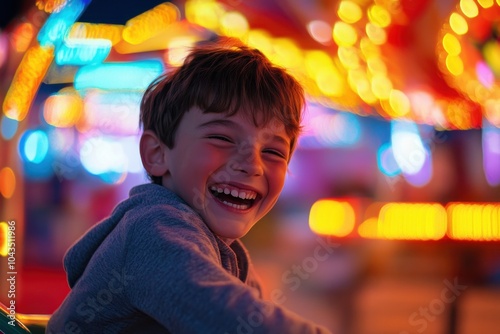 Joyful boy laughing at a colorful amusement park ride