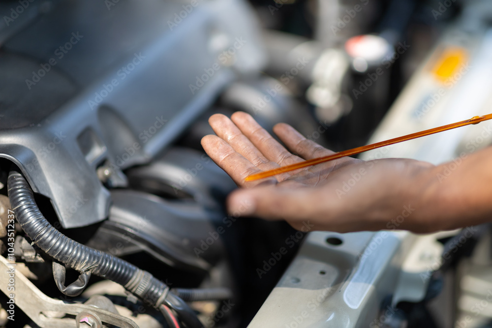 Obraz premium Auto mechanic checking engine and engine oil.