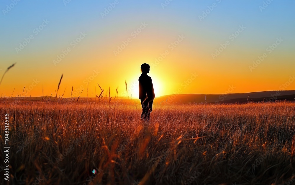 Fototapeta premium A silhouette of a person standing in a field as the sun sets, evoking a sense of self-reflection and inner peace, with a soft glow on the horizon and a calm
