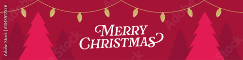 Merry Christmas Greeting Card or Web Banner Vector Design Template. Festive Xmas Design with Christmas Trees Background and Christmas Lights Decoration Illustration. Merry Christmas Lettering. 