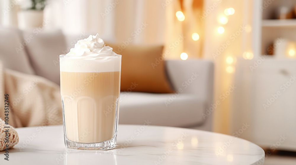 A hot latte with whipped cream stands on a marble table in a stylish living room. This delicate winter drink offers the perfect combination of comfort and cheerfulness. A hot latte with whipped cream stands on a marble table in a stylish living room. This delicate winter drink offers the perfect combination of comfort and cheerfulness.