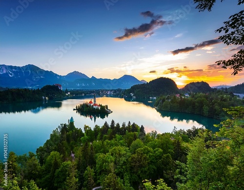 Lake Bled with St Marys church on the small island and stunning sunset,Bled,Slovenia,Europe