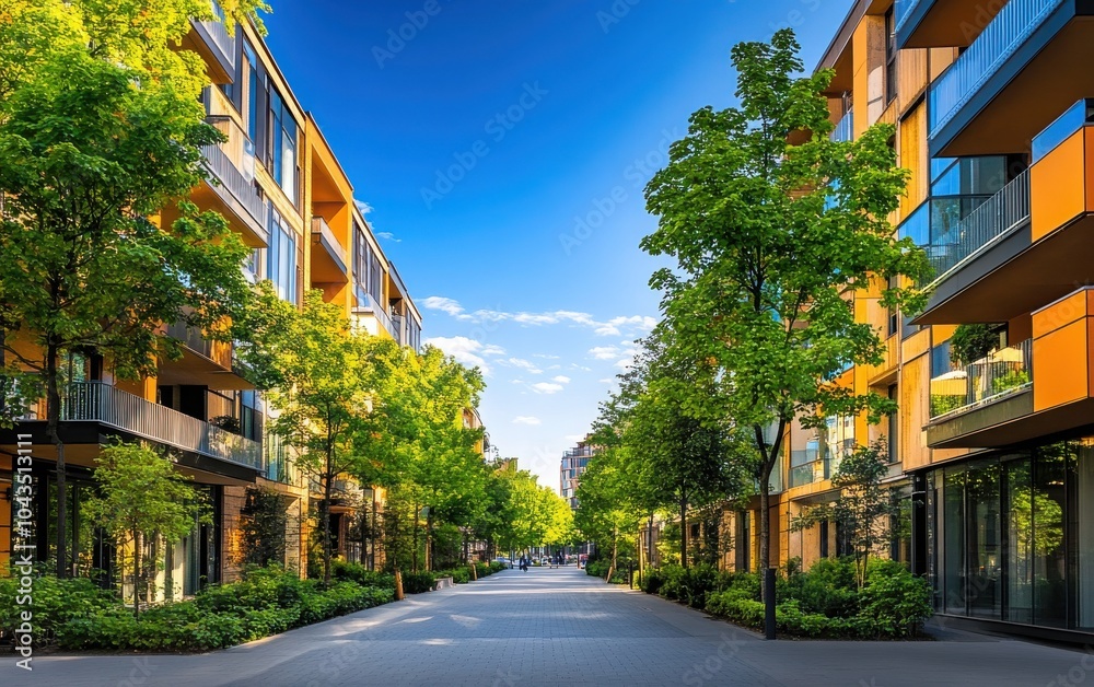 A vibrant urban street lined with green trees, symbolizing the concept of sustainable city living, with modern buildings and a clear blue sky A vibrant urban street lined with green trees, symbolizing the concept of sustainable city living, with modern buildings and a clear blue sky