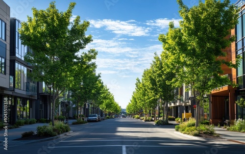 A vibrant urban street lined with green trees, symbolizing the concept of sustainable city living, with modern buildings and a clear blue sky