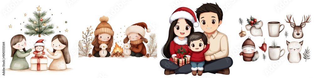 Festive Christmas illustrations featuring family, decorations, and holiday symbols on a white background. Festive Christmas illustrations featuring family, decorations, and holiday symbols on a white background.