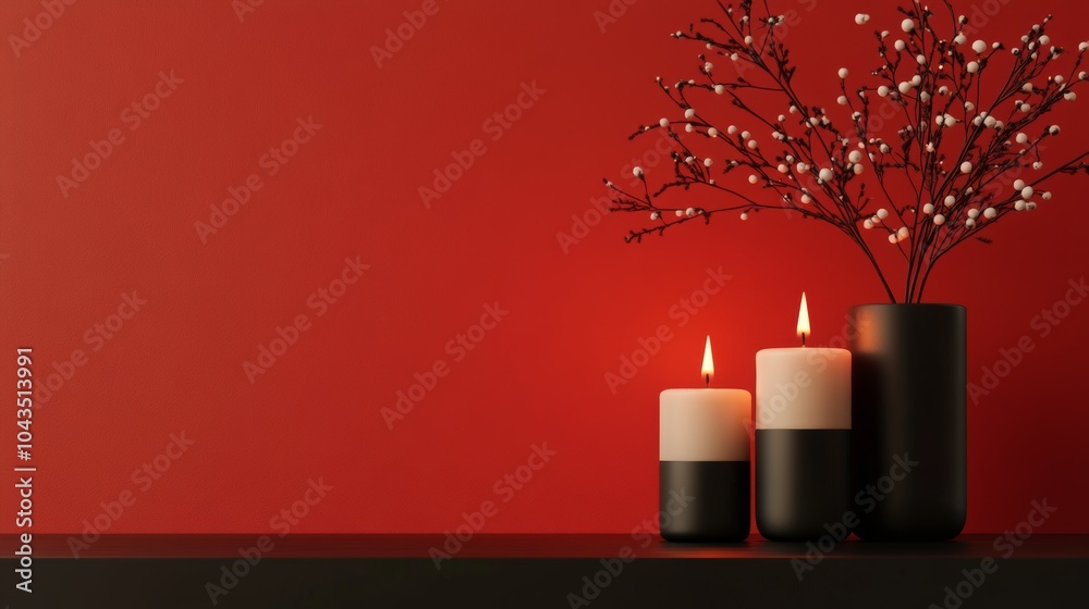 Burning Candles with White Berries in a Vase on Red Background