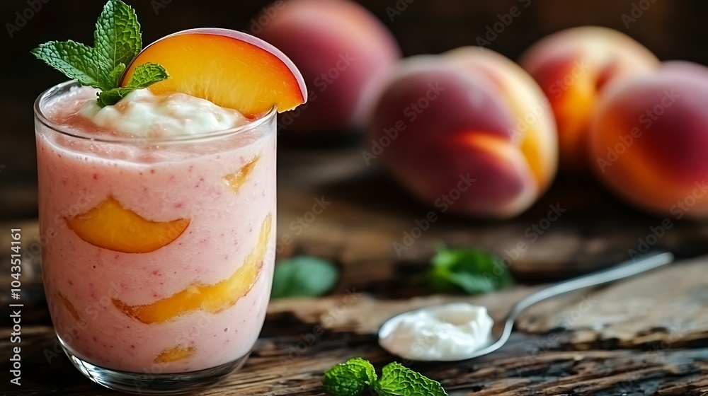 A rich peach smoothie, topped with a peach slice and mint leaves, set against a rustic wooden background with whole peaches and a spoonful of yogurt, soft natural lighting, A rich peach smoothie, topped with a peach slice and mint leaves, set against a rustic wooden background with whole peaches and a spoonful of yogurt, soft natural lighting,