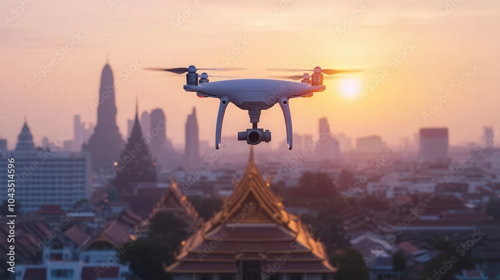 A drone flies above a city at sunset, capturing stunning aerial views with a temple silhouette in the foreground. A drone flies above a city at sunset, capturing stunning aerial views with a temple silhouette in the foreground.