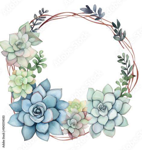 A stunning watercolor painting of a handcrafted succulent wreath, showcasing a vibrant array of colorful and exotic plants. The intricate design features delicate tendrils and lush succulents 