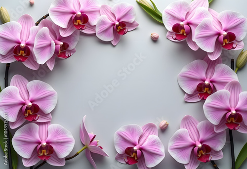 Elegant purple orchids arranged against a gray background, creating a stunning contrast between the vibrant petals and the neutral backdrop. Ideal for floral and decorative designs