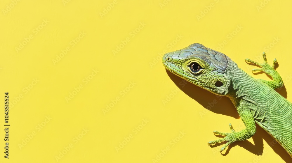 Fototapeta premium A delightful green lizard on a sunny yellow background