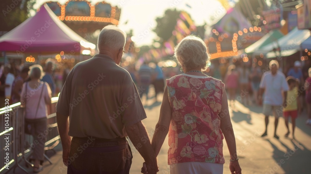 Obraz premium An elderly couple holding hands slowly makes way through the fairgrounds backs facing the camera as they take in the nostalgic . .