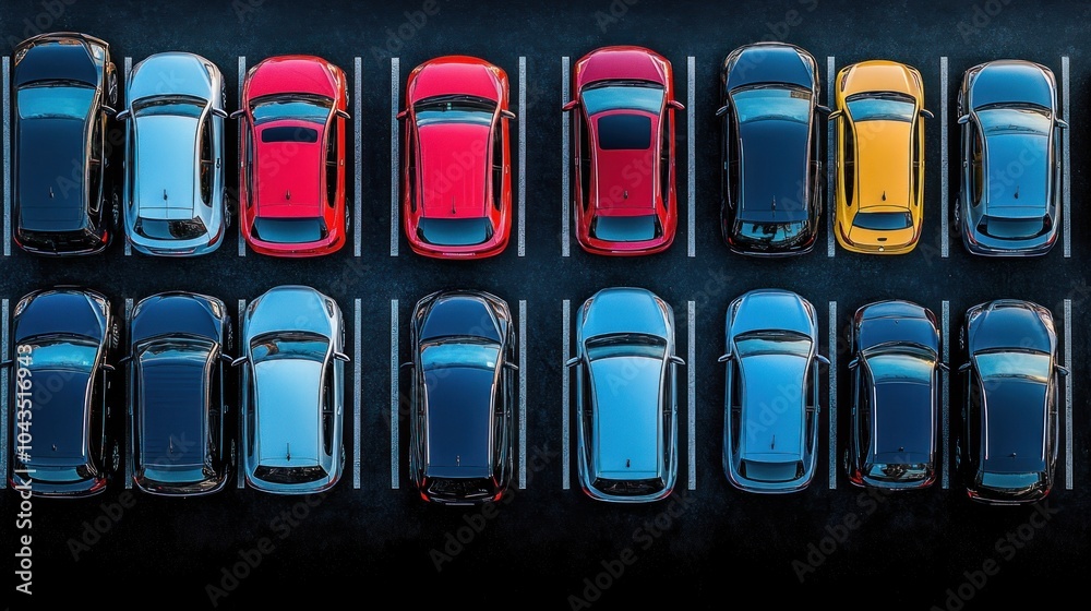 Overhead view of a parking lot with cars parked in rows. Overhead view of a parking lot with cars parked in rows.