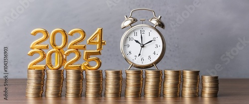 Happy New Year 2025 with clock and coins stack arrangement.