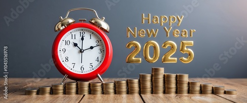 Happy New Year 2025 with clock and coins stack arrangement.