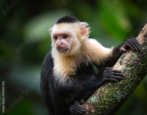 cute wild capuchin monkey jumping on palm trees in manuel antonio national park, Costa Rica, near quepos; Costa Rica wildlife in the rainforest 