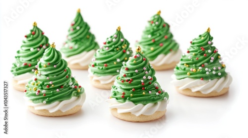 Christmas meringue cookies shaped like Christmas trees with green icing and sprinkles, isolated on white background