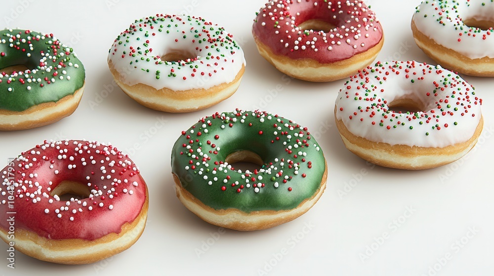 Red and Green Donut Concept Perfect for Christmas Themes. Festively decorated donuts featuring green red and white icing with colorful sprinkles perfect for holiday celebrations or sweet treats Red and Green Donut Concept Perfect for Christmas Themes. Festively decorated donuts featuring green red and white icing with colorful sprinkles perfect for holiday celebrations or sweet treats