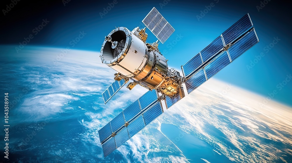Fototapeta premium Satellite orbiting earth, symbolizing global communication and data transmission