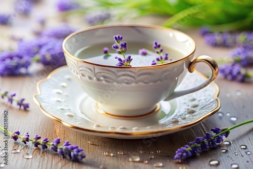 A cluster of tiny droplets of lavender water collect on the rim of a delicate china cup, tea, china, scent