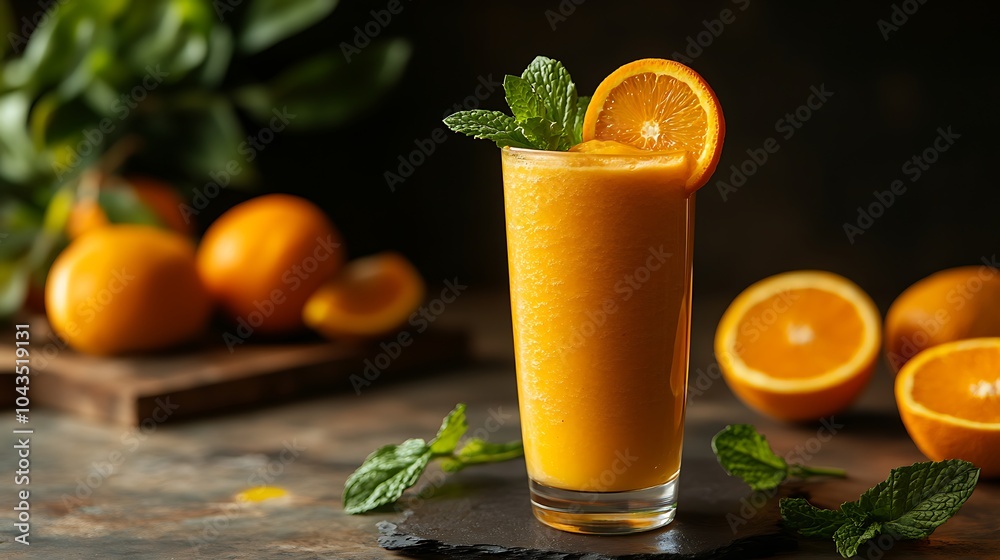 Fototapeta premium A vibrant orange smoothie in a tall glass, garnished with an orange wheel and mint leaves, surrounded by whole citrus fruits, bright sunlight, refreshing and energizing atmosphere. --ar 16:9