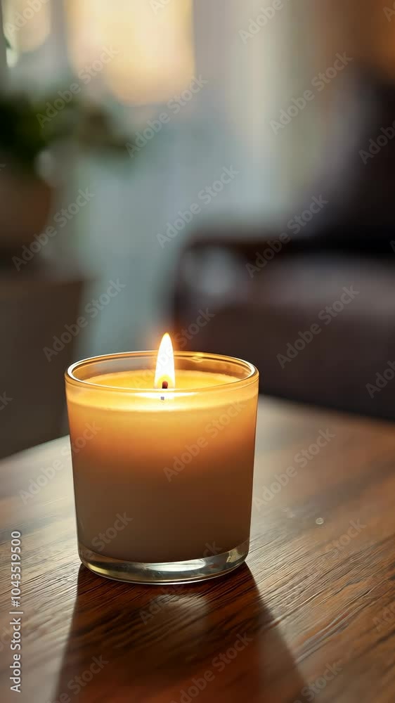 Lit candle on wooden table in cozy Lit candle on wooden table in cozy