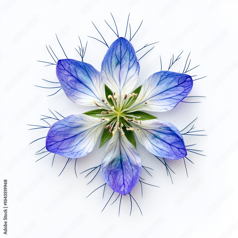 Obraz premium Top View of a Blue and White Nigella Flower with Fine Green Stems