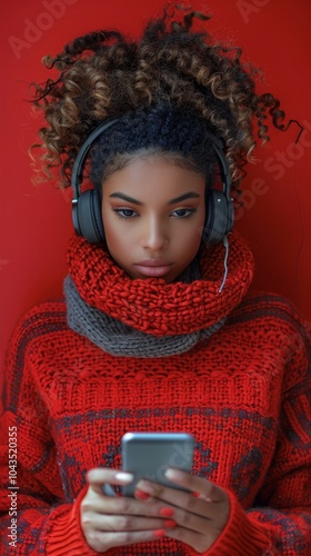 Woman Wearing Headphones Checking Cell Phone