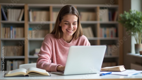 A woman working with documents on her laptop.