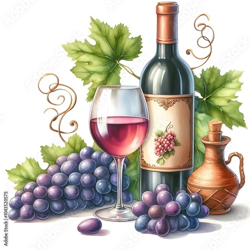 Red and white wine glasses with vine leaves and grape berries. Hand drawn watercolor illustration, isolated on white background
