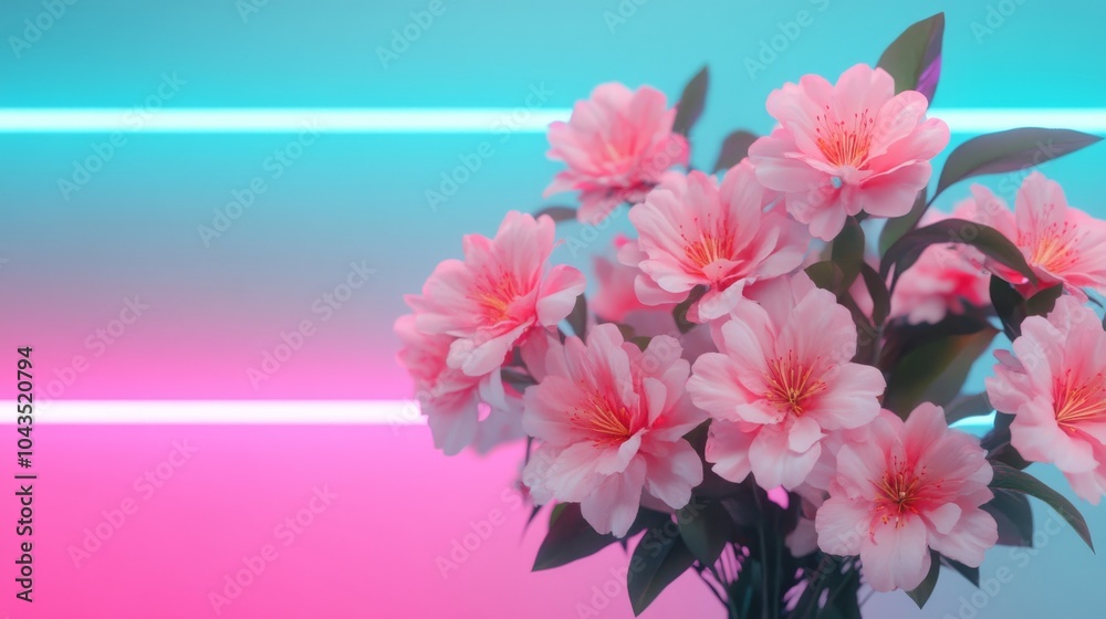 Obraz premium Vibrant pink flowers with neon background in bright colors.