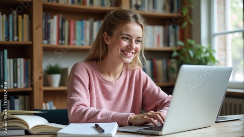 A woman working in a cozy library with her laptop.