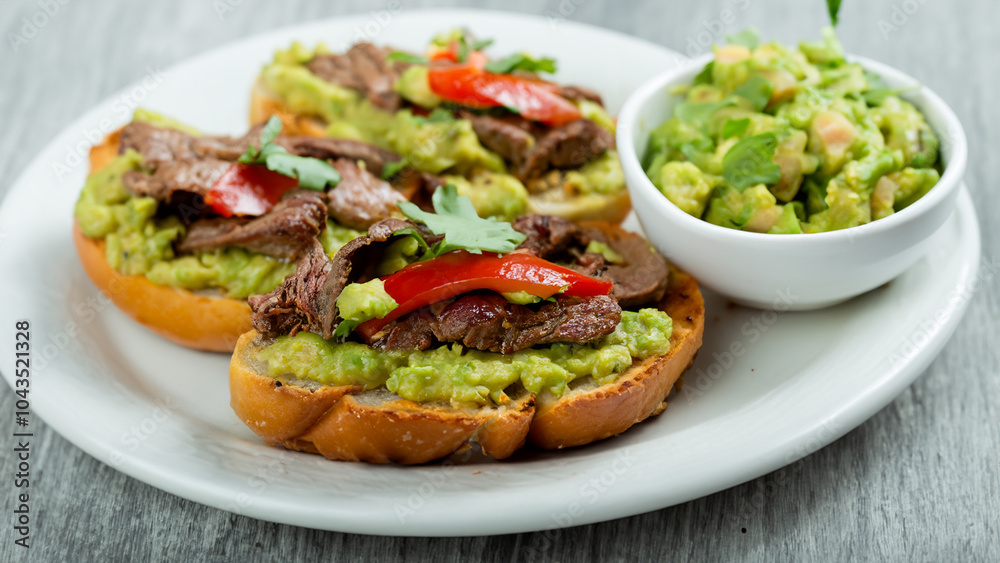 Toasted ciabatta with grilled beef and guacamole. Toasted ciabatta with grilled beef and guacamole.