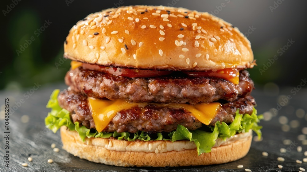 A delicious, stacked hamburger featuring two beef patties, melted cheddar cheese, fresh lettuce, and a sesame seed bun against a dark background. A delicious, stacked hamburger featuring two beef patties, melted cheddar cheese, fresh lettuce, and a sesame seed bun against a dark background.
