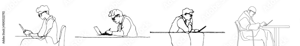 Fototapeta premium A sitting man planning using a tablet is drawn in continuous line