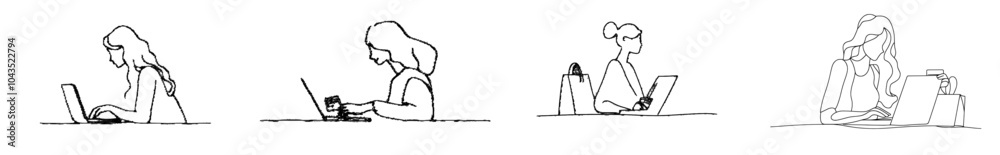 One line illustration depicts a young woman in front of a laptop, holding a credit card. Online shop illustration. One line illustration depicts a young woman in front of a laptop, holding a credit card. Online shop illustration.