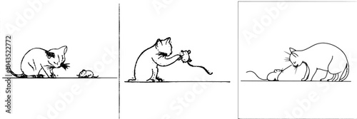 A cute cat poses with his tail raised in the air on a white background in a continuous line drawing.