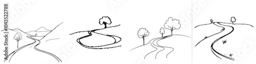 Line drawing of the road, one-line drawing of the road with turns, twists or perspectives, simple highway design element or icon.
