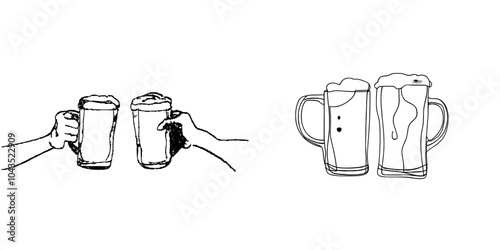 Two glasses of beer clinking in continuous line art. Modern illustration.
