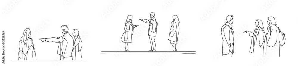 There are young people walking together and talking. A group of friends is relaxing and communicating. Black linear sketch isolated on white background. Modern illustration style. There are young people walking together and talking. A group of friends is relaxing and communicating. Black linear sketch isolated on white background. Modern illustration style.