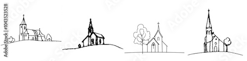Continuous line art sketch of a church building with a bell tower. Minimalist black linear sketch isolated on white.