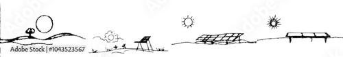 Drawing style of continuous line art. Solar panels facing the Sun to absorb sunlight. Black linear design isolated on white background.