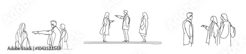 There are young people walking together and talking. A group of friends is relaxing and communicating. Black linear sketch isolated on white background. Modern illustration style.