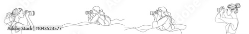 Photographer taking pictures outdoors. Continuous line drawing of a black outline of a journalist taking pictures with her camera.