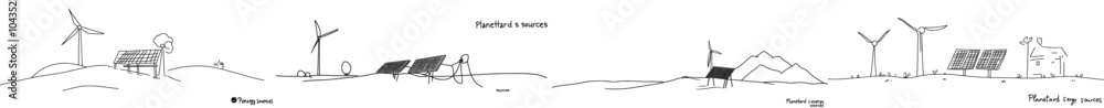 Drawing in simple linear style of a wind turbine and solar panel with the sun. Green energy and renewable resources. Concept of a power station. Editable strokes. Print-ready. Drawing in simple linear style of a wind turbine and solar panel with the sun. Green energy and renewable resources. Concept of a power station. Editable strokes. Print-ready.