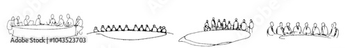 The continuous line drawing shows a group of people sitting, standing, meeting, and supporting each other