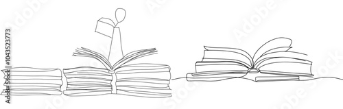 An isolated simple line graphic design of a books stack in minimalist style on a white background. The hand drawn structure is considered to be a modern graphic style.